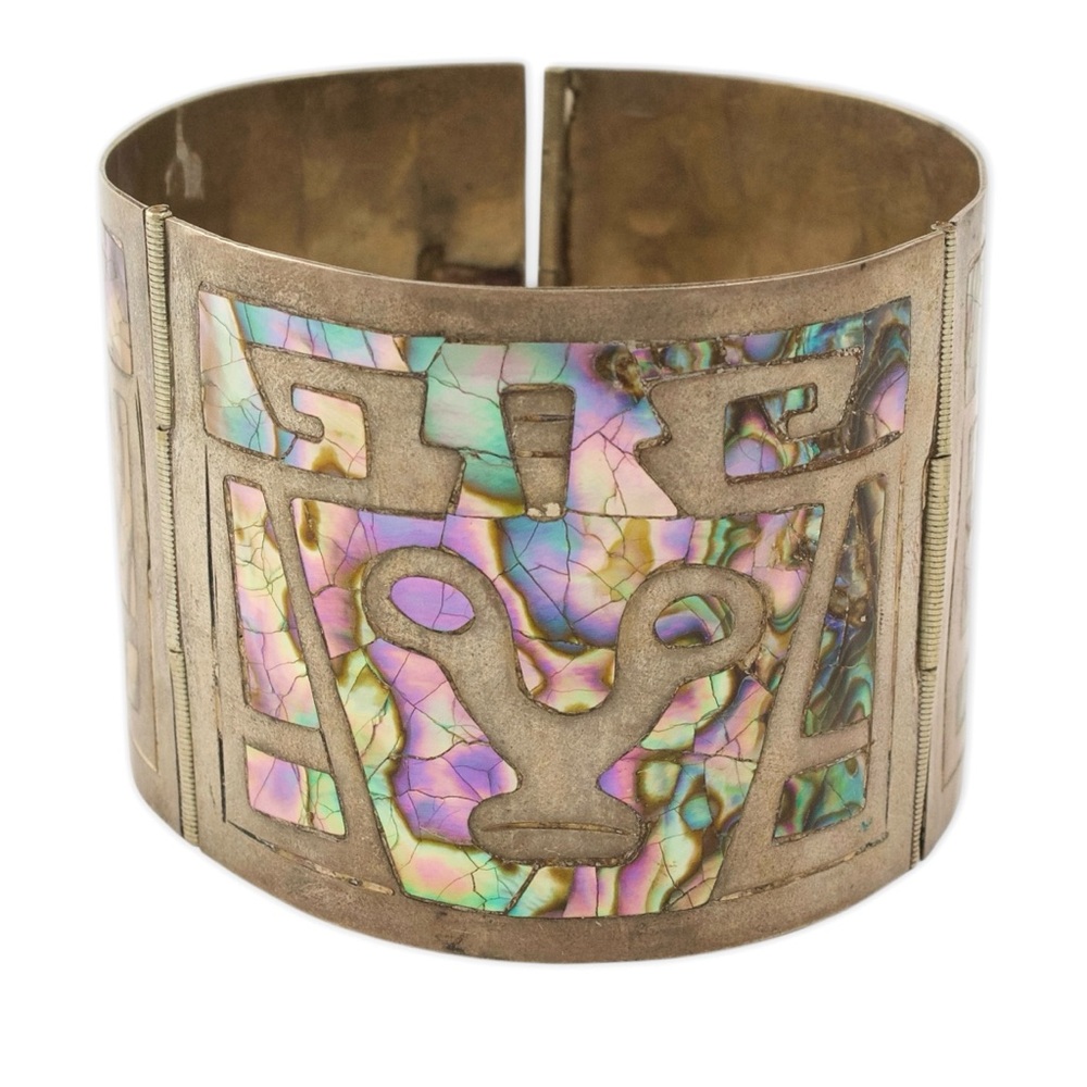 Vintage Sterling Silver Abalone Shell Inlay Panel Bracelet Mexican Tribal Figure